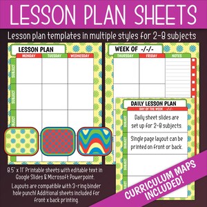 May include: Printable lesson plan templates in multiple styles for 2-8 subjects. The templates feature colorful designs with floral, polka dot, and wavy patterns. The templates are 8.5 x 11 inches and compatible with 3-ring binders. Additional sheets are included for front and back printing.