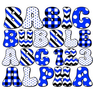 Paquete PNG de alfabeto básico de burbujas, paquete de letras preppy, conjuntos de alfabeto azul, negro y blanco, estampado de alegría, niños, lunares, rayas, cuadros, imágenes prediseñadas