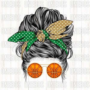 Basketball Mom PNG, Messy Bun Sports, Groen en Goud, College High School Clipart, Bandana Bow Mom Polka Dot, Basketbal Zonnebril Print