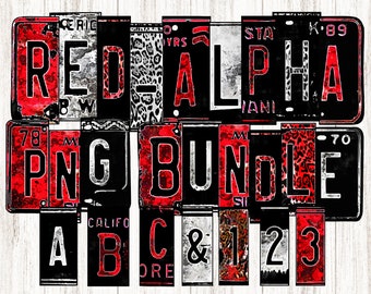 Red License Plate Alphabet, Mix Match Letters, Grunge & Leopard Print, Clipart Sublimation, Word Builder, Rustic Letters Numbers, Print