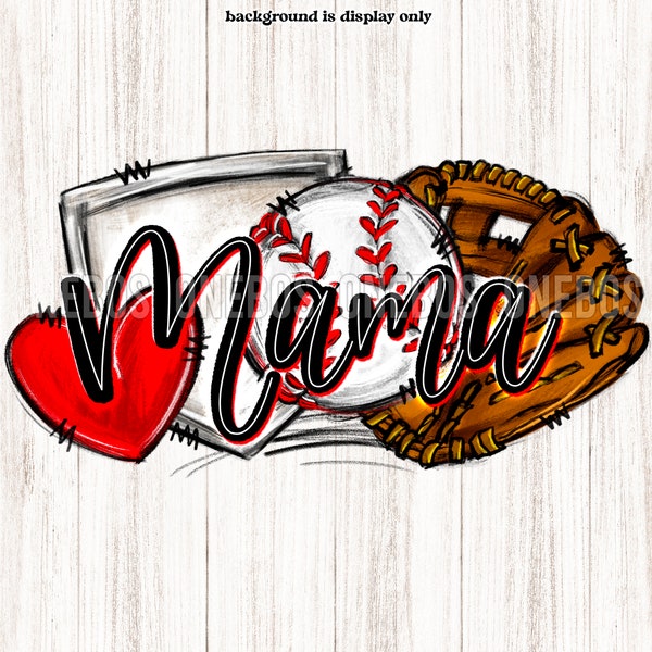 Baseball Mama PNG, Doodle Hand Drawn Sublimation, Digital Download with Ball, Heart, Glove, Home Plate, Transfer Art, Illustration, Collage