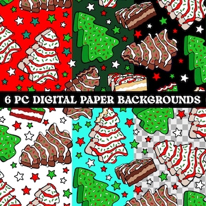 May include: Six digital paper backgrounds featuring a repeating pattern of Christmas tree-shaped cookies with green, white, and red frosting and sprinkles. The backgrounds are in red, green, black, white, blue, and transparent.