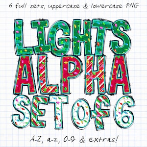 Luzes de Natal Doodle Alfabeto PNG, pacote de clipart de 6 conjuntos de letras e números, letras maiúsculas e minúsculas, letras de preenchimento de padrão de combinação mista