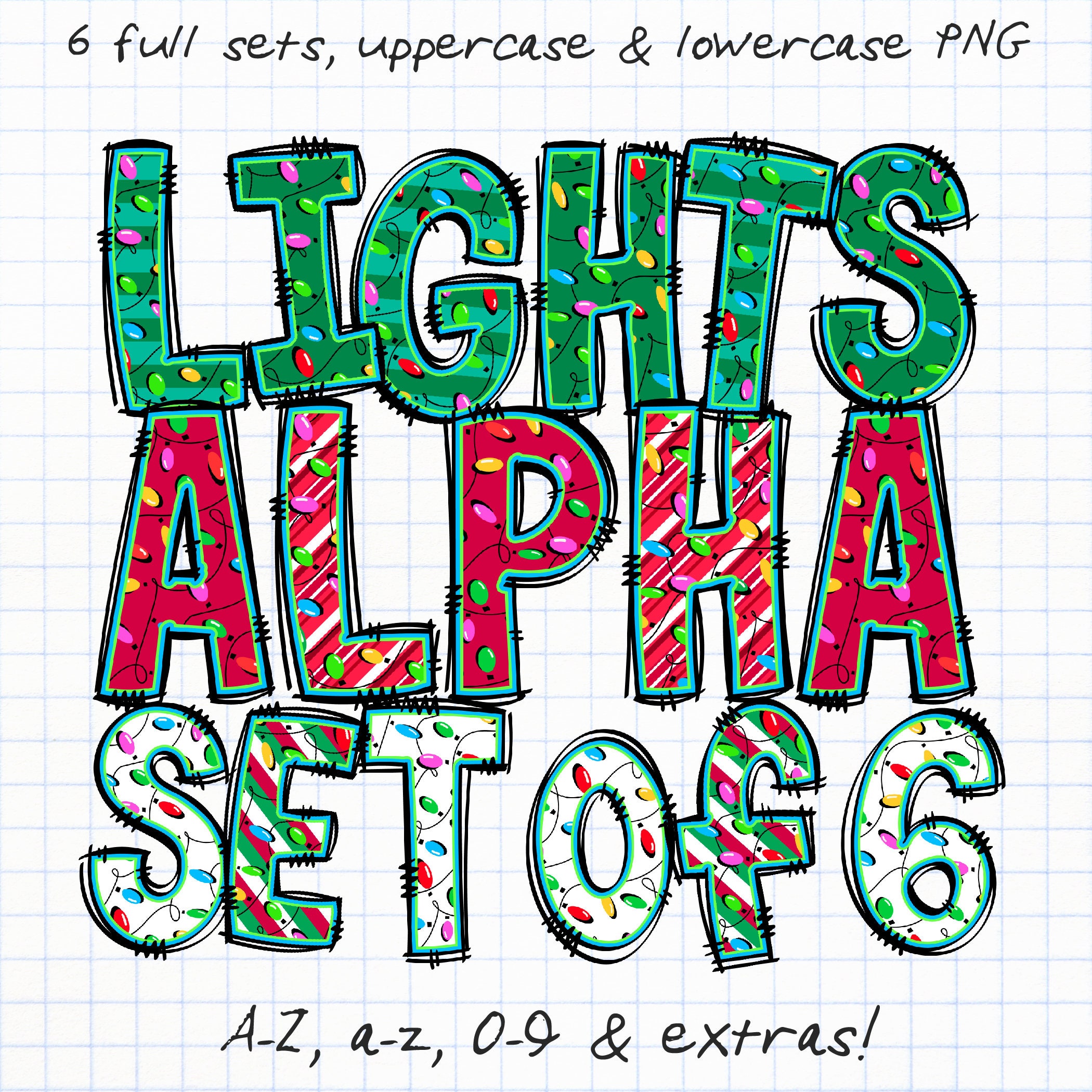 Lumières de Noël Doodle Alphabet PNG, Clipart Bundle de 6 ensembles de lettres et chiffres, majuscules minuscules complètes, mélange de lettres de remplissage de motif de correspondance