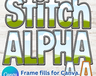 Digital Stitch Alpha PNG, Faux Embroidery Applique Patch Letters & Numbers, DIY Color in Canva, Canva Frame Fill Set, Duotone, Gradient Map