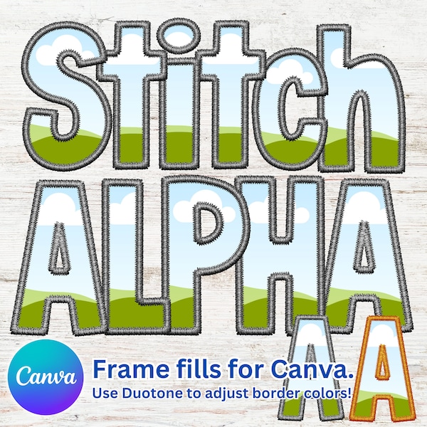 Digital Stitch Alpha PNG, künstliche Stickerei-Applikation, Buchstaben und Zahlen, DIY-Farbe in Canva, Canva-Rahmenfüllset, Duotone, Verlaufskarte