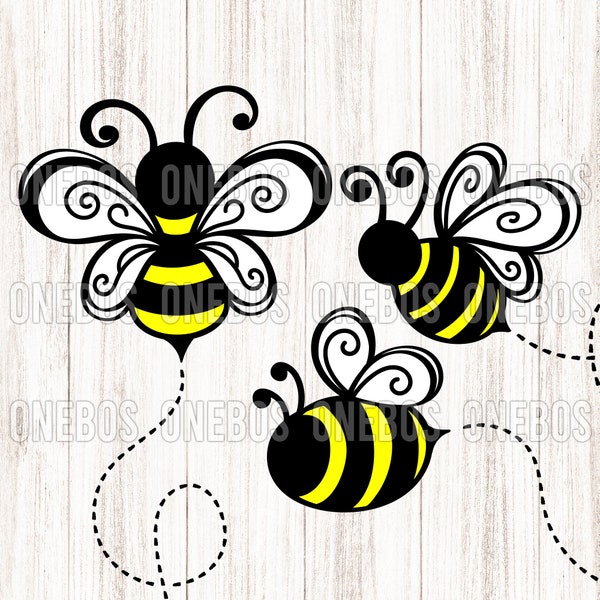 Bee SVG, Whimsical Cartoon Cute Bumble Bee Striped, Paths and Trails, Bundle of Doodle Bees, Sublimation PNG Ai Eps Pdf, Vinyl Design