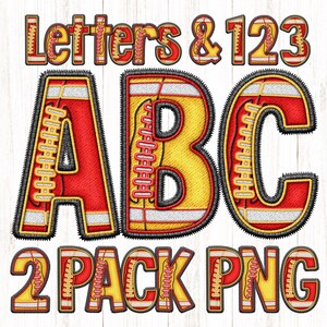 May include: Two-pack of digital clipart images featuring the letters A, B, C and the numbers 1, 2, 3. The letters and numbers are styled to look like a football with red, yellow, and white stitching. The text "Letters & 123" and "2 Pack PNG" are also included in the image.