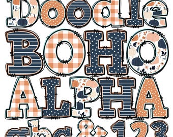 Op de afbeelding: Doodle Boho Alpha abc & 123. Een set alfabet- en cijferstickers met een herfstthema. De letters en cijfers zijn in verschillende patronen, waaronder ruit, stippen en strepen. De kleuren zijn oranje, blauw en wit.