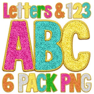 May include: A set of colorful, embroidered letters and numbers, including the alphabet and numbers 123. The letters and numbers are outlined in gold and have a fuzzy texture. The text "6 PACK PNG" is below the letters and numbers.