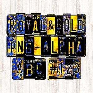 Royal Blue & Gold License Plate Alphabet, Mix Match Letters, Grunge Leopard Print, Sublimation, Rustic Letters Numbers, Clipart Print
