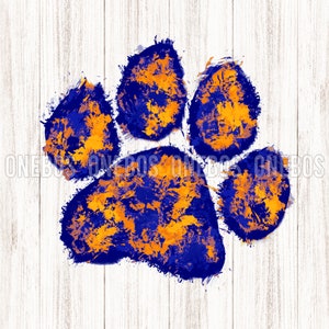May include: A blue and orange paw print painted on a white wood background.