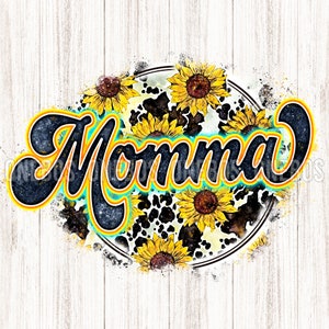 Digital Momma PNG Kuh Sonnenblume Print | Retro Buchstaben Aquarell Textur | Cooles Grunge Circle Sublimation Design | Printable Transfer