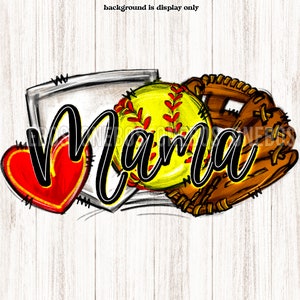 Softbal Mama PNG, Doodle Handgetekende Sublimatie, Digitale Download met Bal, Hart, Handschoen, Home Plate, Transfer Art, Illustratie, Collage