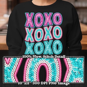 XOXO PNG, Lantejoulas Bordadas Falso, Trendy Valentines Wavy Xoxo, Valentines PNG Design, Arte de Sublimação, Arte de Transferência de Filme, Rosa Teal Branco