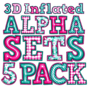 Bundle gonflé d'alphabets de Pâques PNG, lot de 5 ensembles Alpha complet gonflés 3D, Alpha printanier, bleu sarcelle, rose et blanc, motif floral écossais à pois