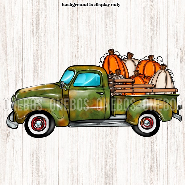 Vintage Olive Rusted Truck PNG, Cartoon Old Farm Wooden Slats Rails, Fall Pumpkin Truck, American Classic, Sublimation, Commercial Use