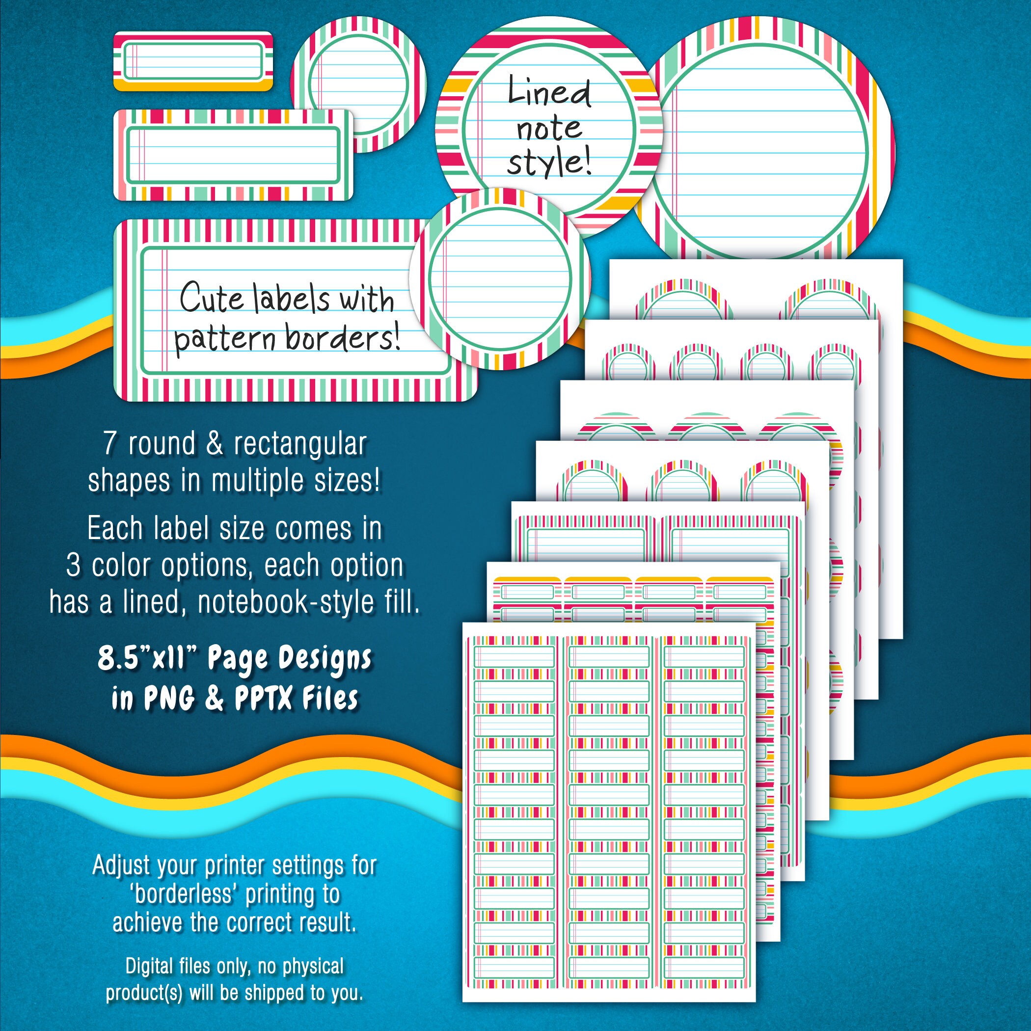 Plantillas de hojas de etiquetas, texto editable/patrones de rayas  divertidas y brillantes, verde azulado, azul, rosa, amarillo,  blanco/compatible, image size:2100x2100