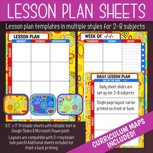 May include: Colorful printable lesson plan sheets with editable text for teachers. The sheets are designed for 2-8 subjects and include a weekly and daily lesson plan template. The design features a bright yellow background with colorful circles and dots.