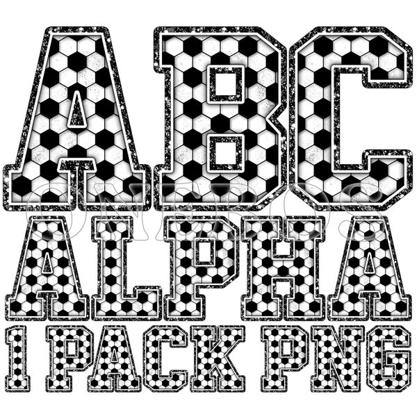 Soccer Alphabet PNG, Black and White Background Pattern, Glitter, Sports Theme Clipart Letter for Digital Design Download