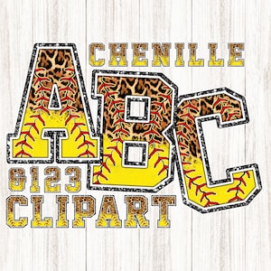 Puede incluir: Letras ABC en una fuente de estilo universitario con un patrón de softball amarillo y marrón. Las letras están delineadas en negro y tienen una textura brillante. El texto "Chenille Clipart" está debajo de las letras.