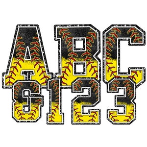 Letras de softbol PNG, puntada de leopardo y bola, cuero negro hide softball fill, chenilla, fuente de alfabeto de imágenes prediseñadas deportivas para descarga digital