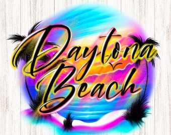 Daytona Beach Airbrush PNG, Funny Beach Background, Digital Download File, Tropical Sunrise Sunset con palme e oceano, Stampa