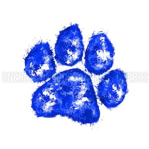 Może przedstawiać: Niebieski odcisk łapy namalowany w stylu akwarelowym. Odcisk znajduje się na białym tle.