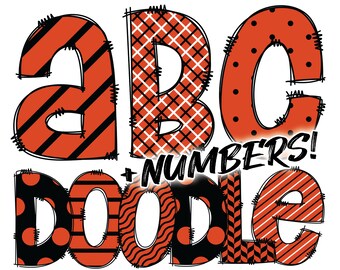Digital Download | Doodle Orange and Black Pattern Fill | PNG Clipart Bundle Alphabet Pack | Letters and Numbers