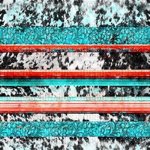 Op de afbeelding: Een digitaal ontwerp met een herhalend patroon. Het heeft turquoise bloemenkrullen, rode strepen en een zwart-witte koeienprint. Het ontwerp heeft een westerse of zuidwestelijke esthetiek.