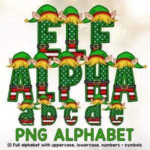 May include: Green, red and white elf alphabet letters with white polka dots. The letters are in uppercase and lowercase. The text "ELF ALPHA PNG ALPHABET (1) Full alphabet with uppercase, lowercase, numbers symbols" is at the bottom of the image.