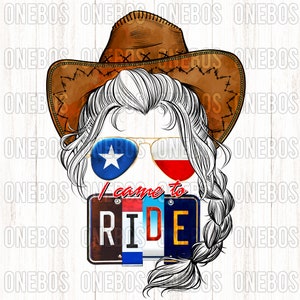 Eu vim para andar PNG, Cowgirl clássica com trança bagunçada, clipart para rodeio, ocidental, sulista, palavra de placa de carro para sublimação