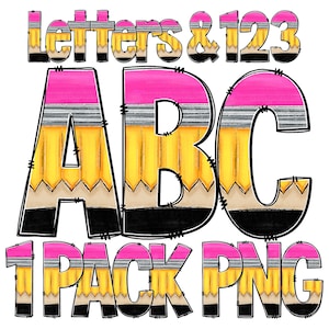 Lápis Doodle Alfabeto PNG, Basic Doodle V3, Preenchimento de Ilustração, Rosa Amarelo, Letras Escolares para Impressão, Design, Copo, Sublimação, DTF