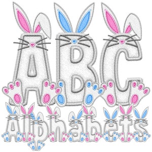 Bunny Rabbit Letters Alfabet, Faux Borduursteek Alpha, Klassiek, Wit, Roze, Blauw, Paasletters, Lenteletters, Oren Neus Voeten