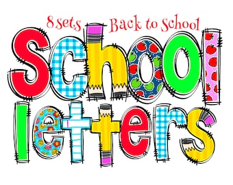 Back to School PNG Alphabet Bundle, 8 Sets, Floral Apple Pencil Note Grid Paper Patterns, Fun Doodle Kids letters for Class, Sublimate