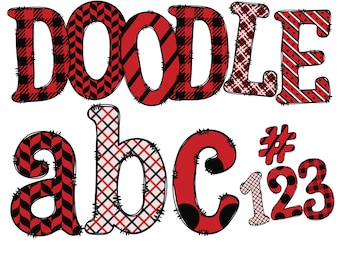 Digital Download | Doodle Red White Black 1B Pattern Fill | PNG Clipart Bundle Alphabet Pack | Letters and Numbers