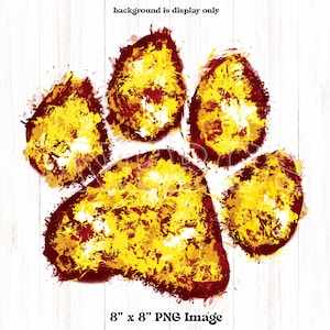 May include: A yellow and maroon paw print design with a white background. The paw print is 8 inches by 8 inches.