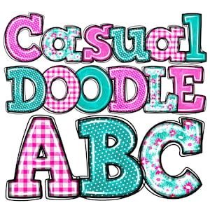 Pasen doodle alfabet PNG, digitale download, casual handgetekende letters, leuk, kinderen, lente, sublimatie DTF-kunst, blauwgroen roze patroonmix