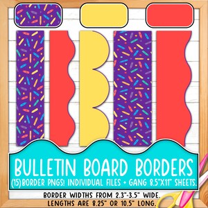 Bordüren für Pinnwände | Druck & Schnitt, Nahtlos | Klassenzimmer Board Tür Dekor | Buntstifte, Lila, Rosa, Blau, Gelb, Petrol BO55BO-A179