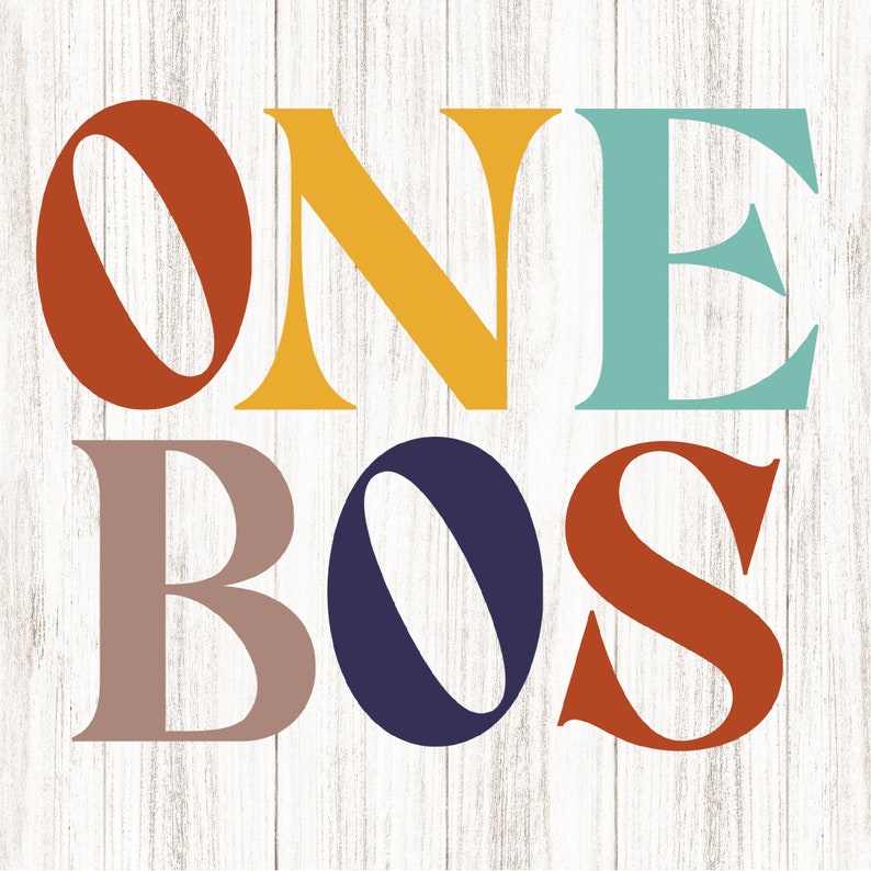 May include: A graphic design on a white wood-grain background features the word "ONE" in orange, yellow, and teal, stacked above "BOS" in taupe, navy, and rust. The letters have a bold, serif font.