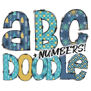 Descarga digital / Doodle Christmas Blue and Gold Pattern Fill / PNG Clipart Bundle Alphabet Pack / Letras y números
