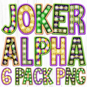 May include: A set of six Mardi Gras themed alphabet letters with a gold glitter background, green and purple trim, and white light bulbs. The letters spell out "JOKER ALPHA 6 PACK PNG".