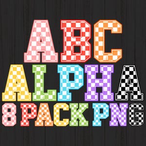 Alphabets PNG impression damier grunge, lettres universitaires à carreaux, lot de 8 lettres alphas damier, chiffres, course Alpha, téléchargement numérique lumineux