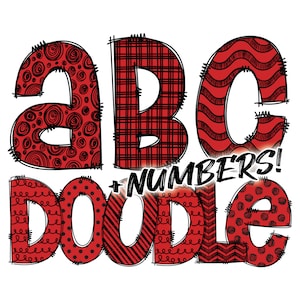 May include: Red and black doodle alphabet letters with the words " + NUMBERS! DOODLE" in black text.