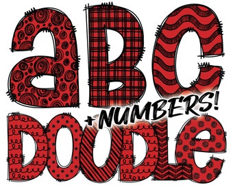 Digital Download | Doodle Hand Drawn Red and Black Multi Pattern Fill | PNG Clipart Bundle Alphabet Pack | Letters and Numbers