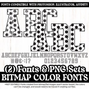 May include: Black and white alphabet font with a soccer ball pattern. The letters are uppercase and the numbers 0-9 are included. The text "(2) Fonts & PNG Sets BITMAP COLOR FONTS" is at the bottom of the image. The text "*NOT EDITABLE-Fonts created from bitmap/flat images aren't vector based, the colors can't be changed, and would need to be traced if creating cut files." is at the bottom of the image.