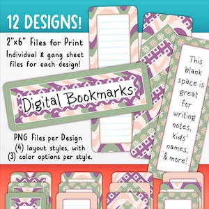 Marcadores digitais (para impressão), conjunto de clipart com 12 | Forrado e em branco para DIY personalizado | Flor, Diamante, Xadrez, Groovy, Boho BO55OK-A259