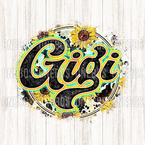 Digital Gigi PNG con impresión de girasol de vaca / Textura de acuarela de letras retro / Diseño de sublimación de círculo grunge fresco / Transferencia imprimible