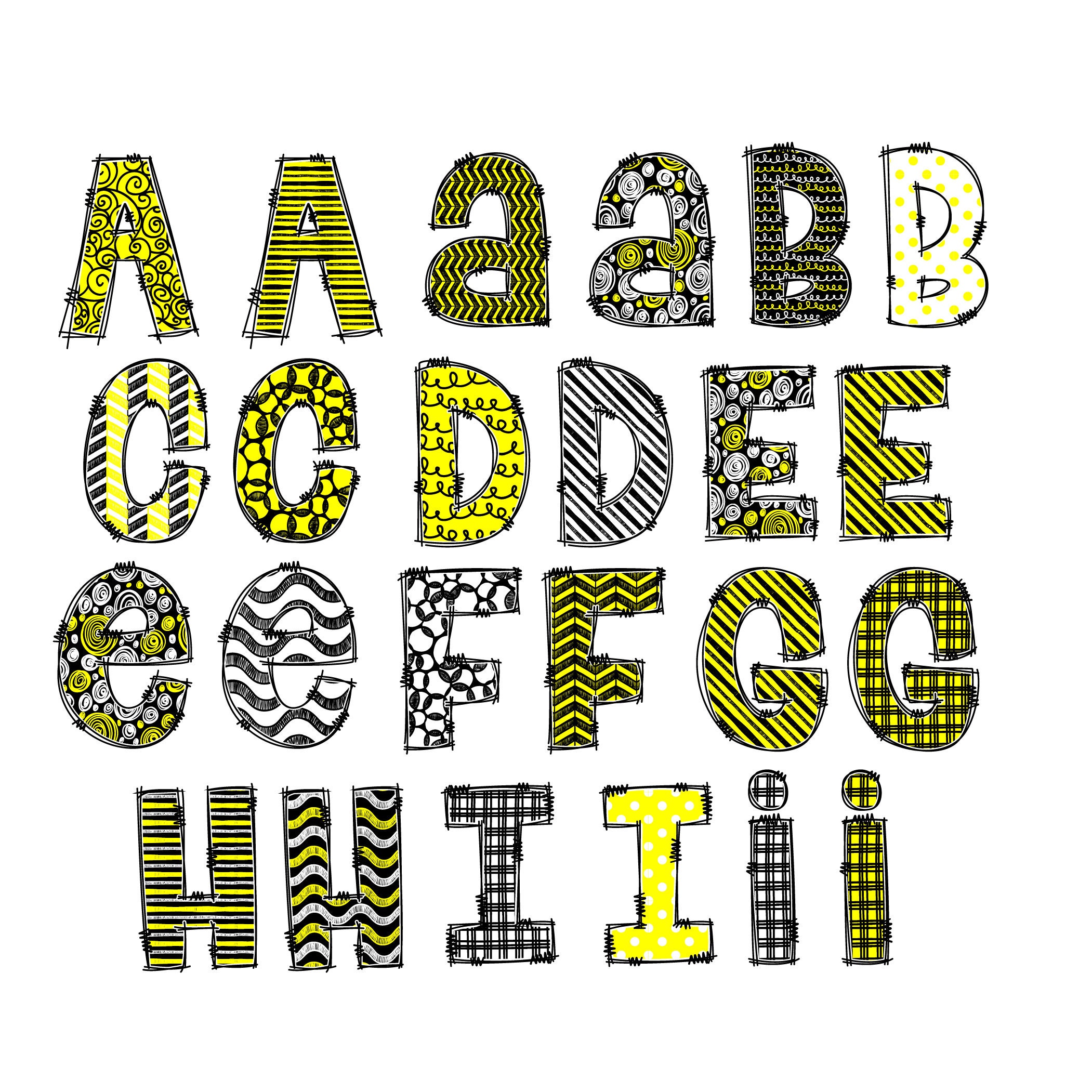 Mix N Match Alphabet, 2 Full Sets, Yellow White & Black, Doodle Letters ...