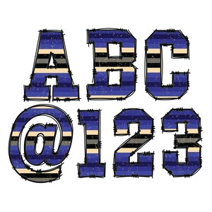 Digitale Doodle | Athletic Varsity Sports College School Letters Blauw & Grijs Vintage Stripe | PNG-| Handgetekende Alfabet Clipart Bundel No.7b